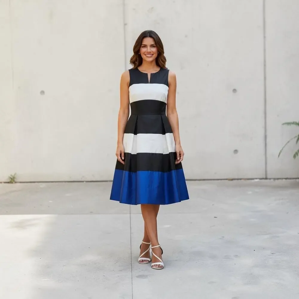 Kate Spade Corley Dress 2 Silk Cotton Colorblock Fit Flare Blue Black White